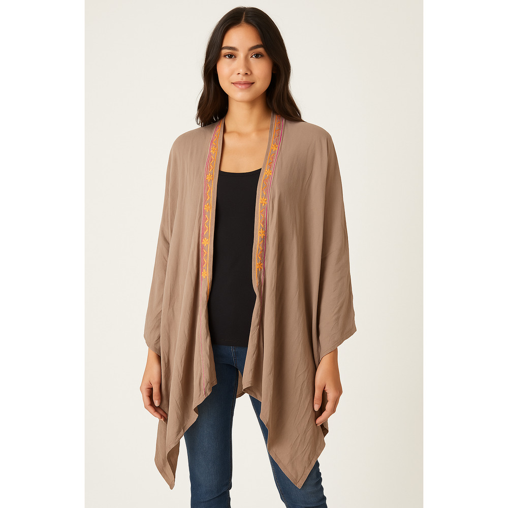 UMGEE Boho Flowy Oversized Cardigan Tan Embroidered Comfy Preppy Womans Sz Large